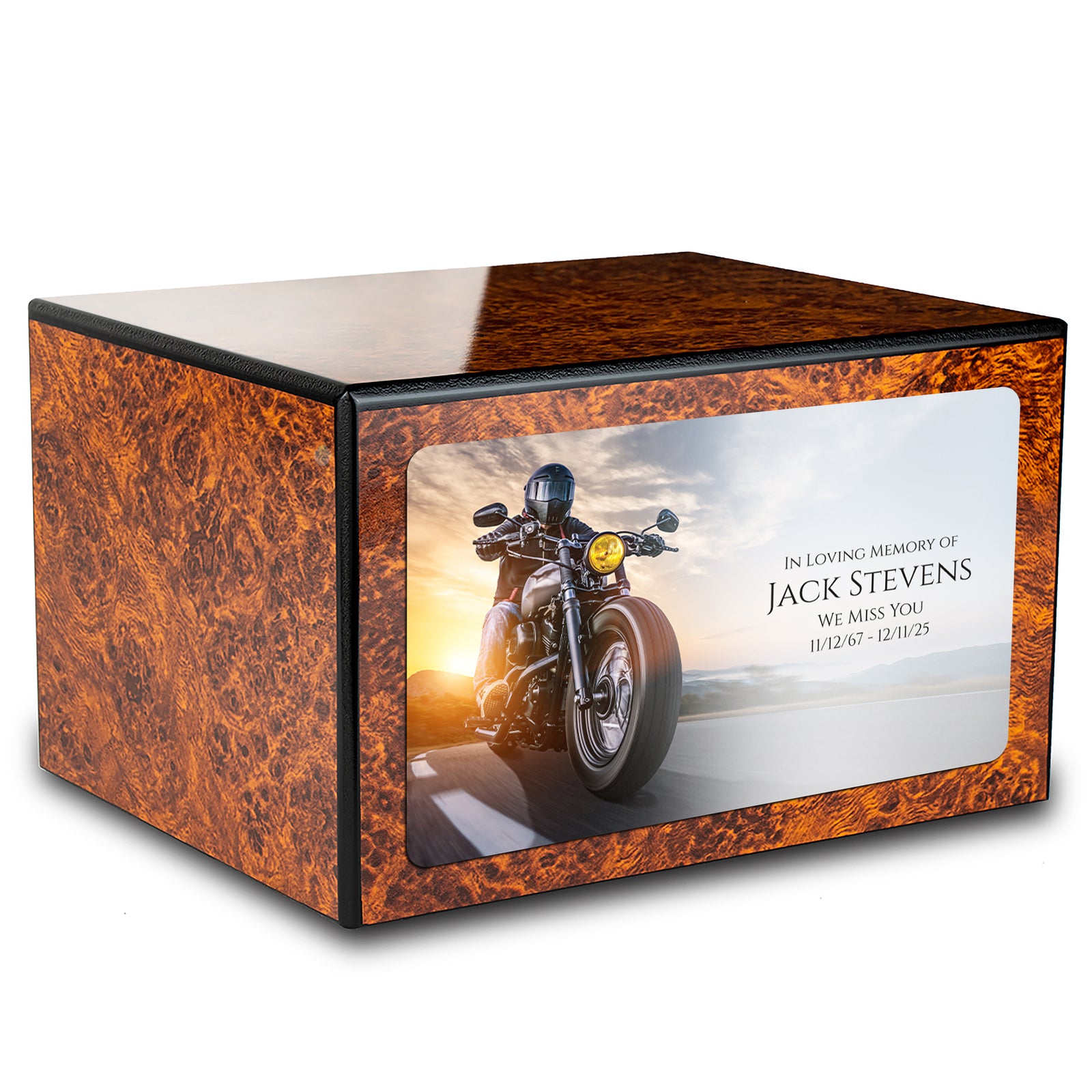 Custom Printed Heritage Burl Motorcycle Wood Box Cremation Urn
