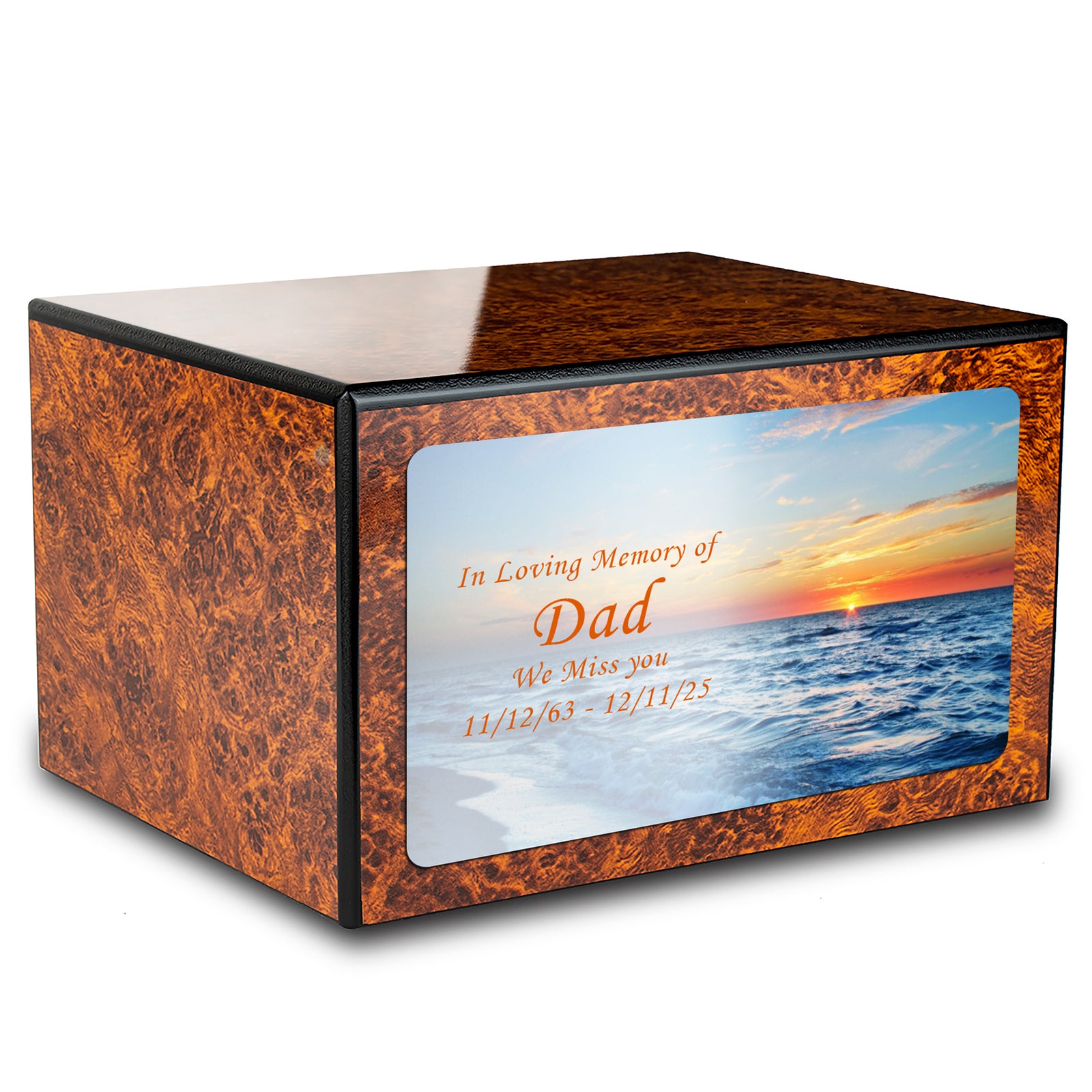 Custom Printed Heritage Burl Ocean Sunset Wood Box Cremation Urn