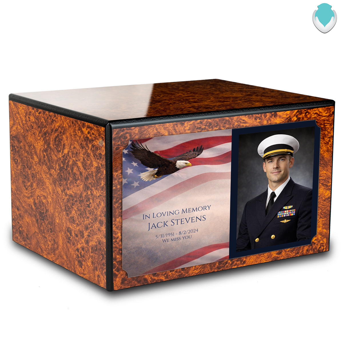 Custom Printed Heritage Burl Photo American Glory Wood Box Cremation Urn