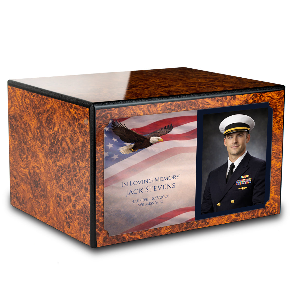 Custom Printed Heritage Burl Photo American Glory Wood Box Cremation Urn