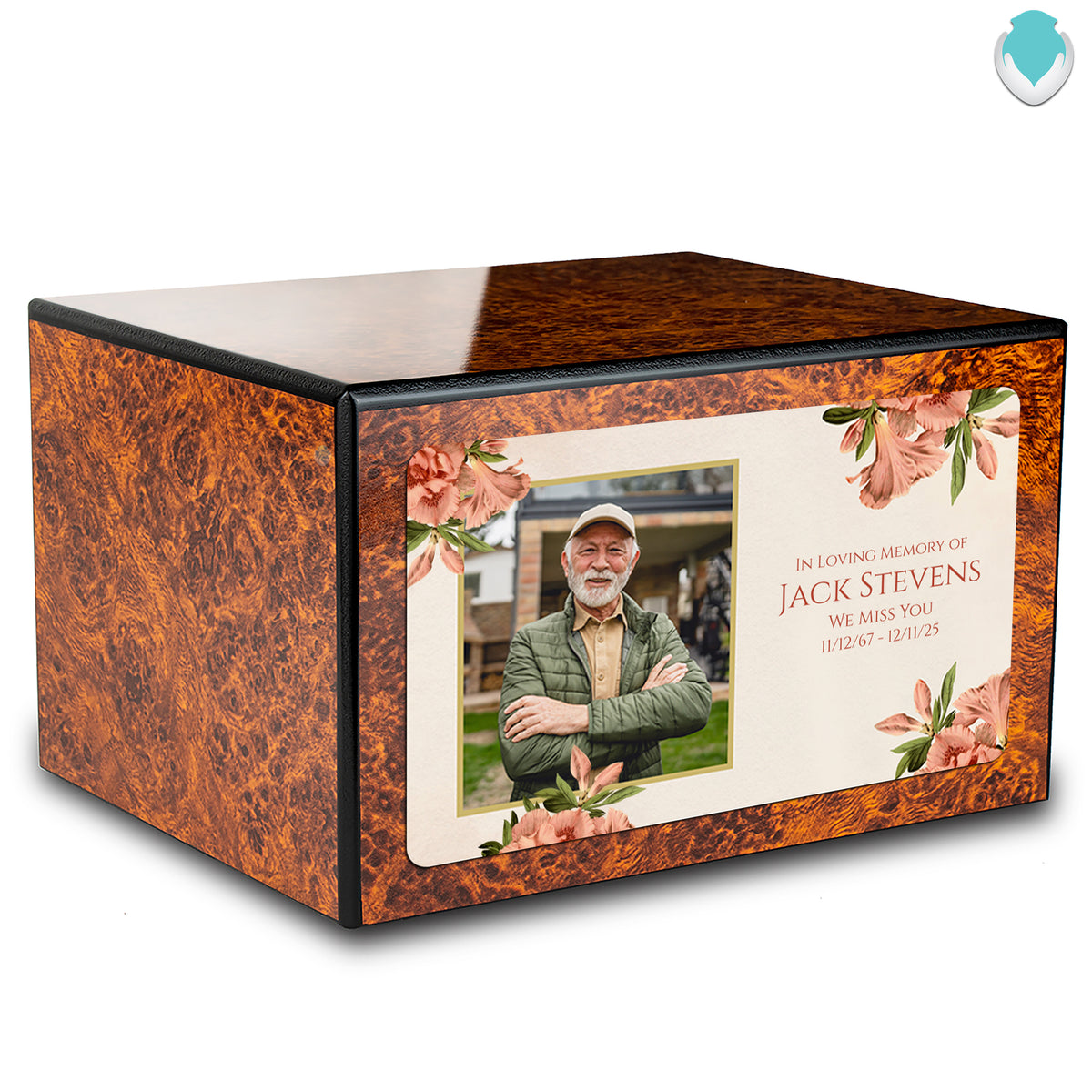 Custom Printed Heritage Burl Azalea Flower Wood Box Cremation Urn
