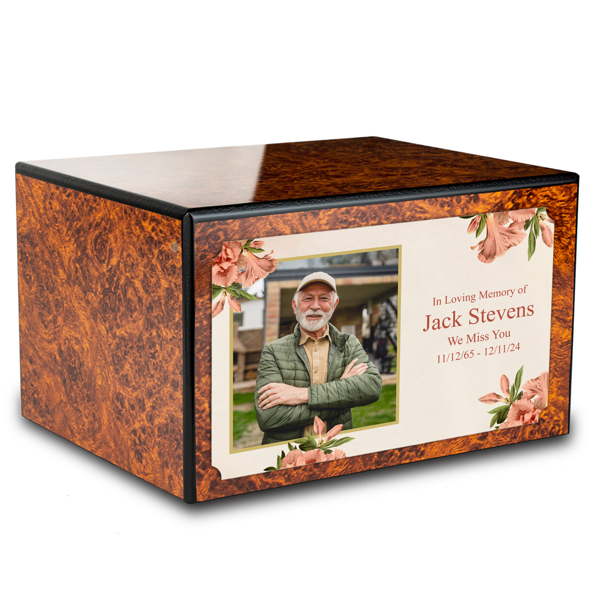 Custom Printed Heritage Burl Azalea Flower Wood Box Cremation Urn