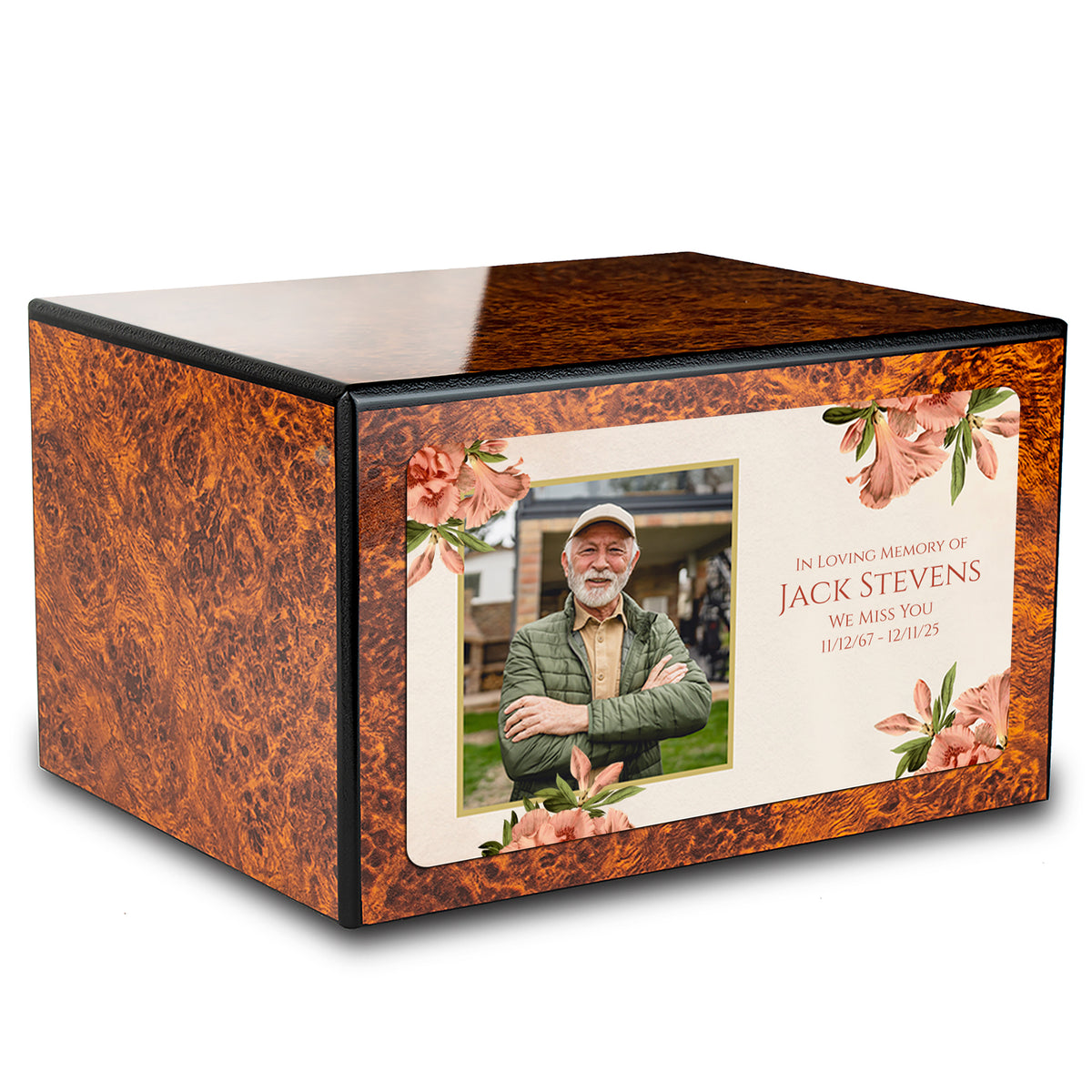 Custom Printed Heritage Burl Azalea Flower Wood Box Cremation Urn