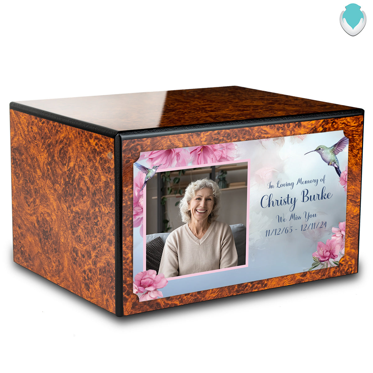 Custom Printed Heritage Burl Photo Hummingbird Wood Box Cremation Urn