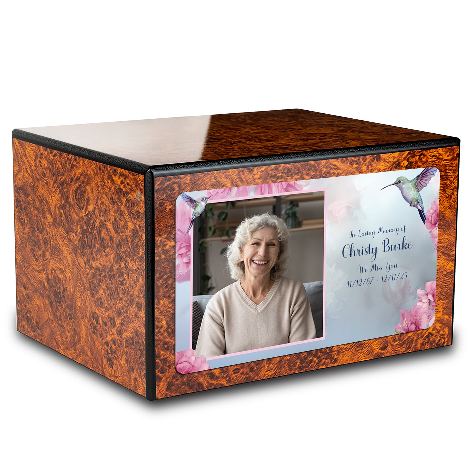 Custom Printed Heritage Burl Photo Hummingbird Wood Box Cremation Urn