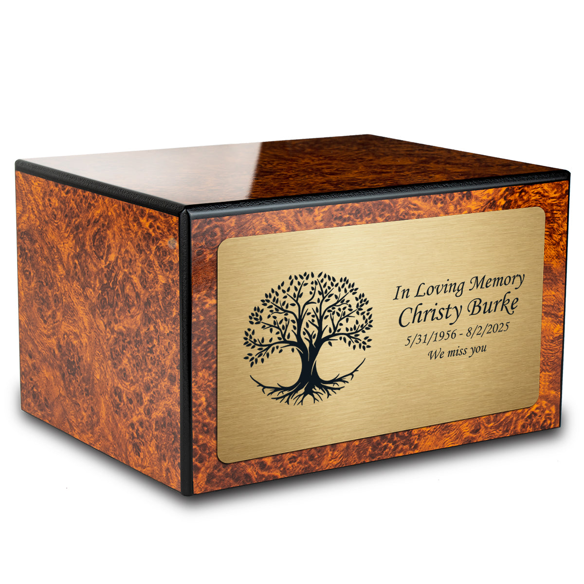 Custom Engraved Heritage Burl Adult Cremation Urn Memorial Box for Ashes