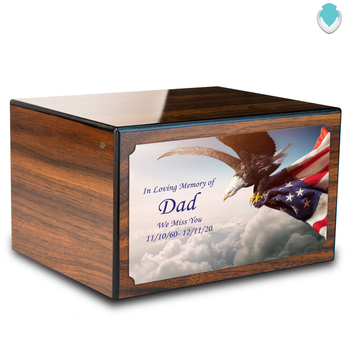 Custom Printed Heritage Walnut American Eagle Wood Box Cremation Urn