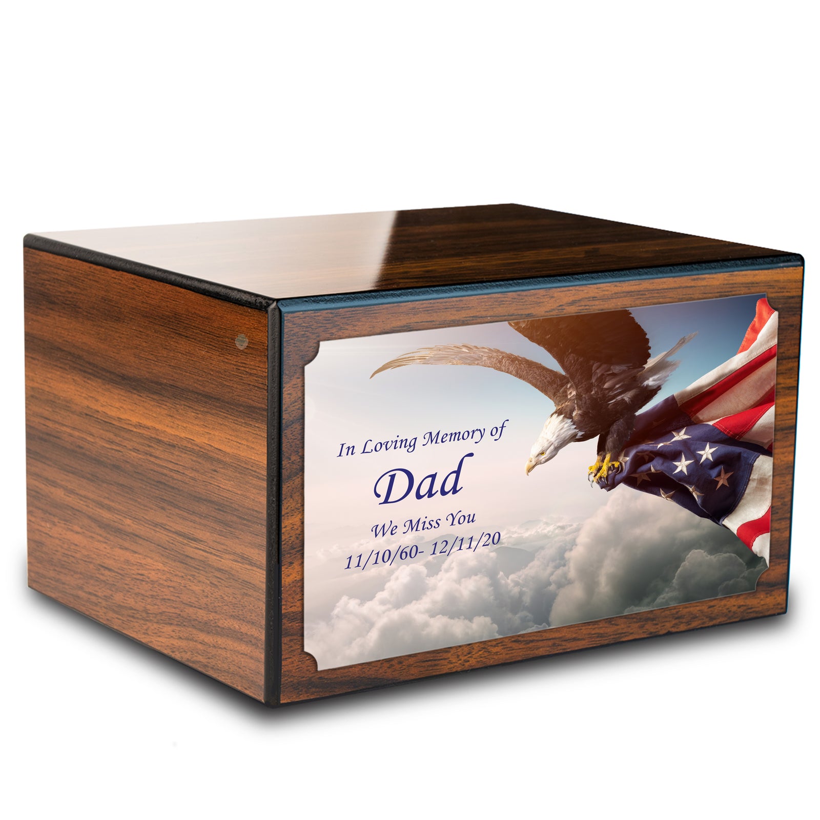 Custom Printed Heritage Walnut American Eagle Wood Box Cremation Urn