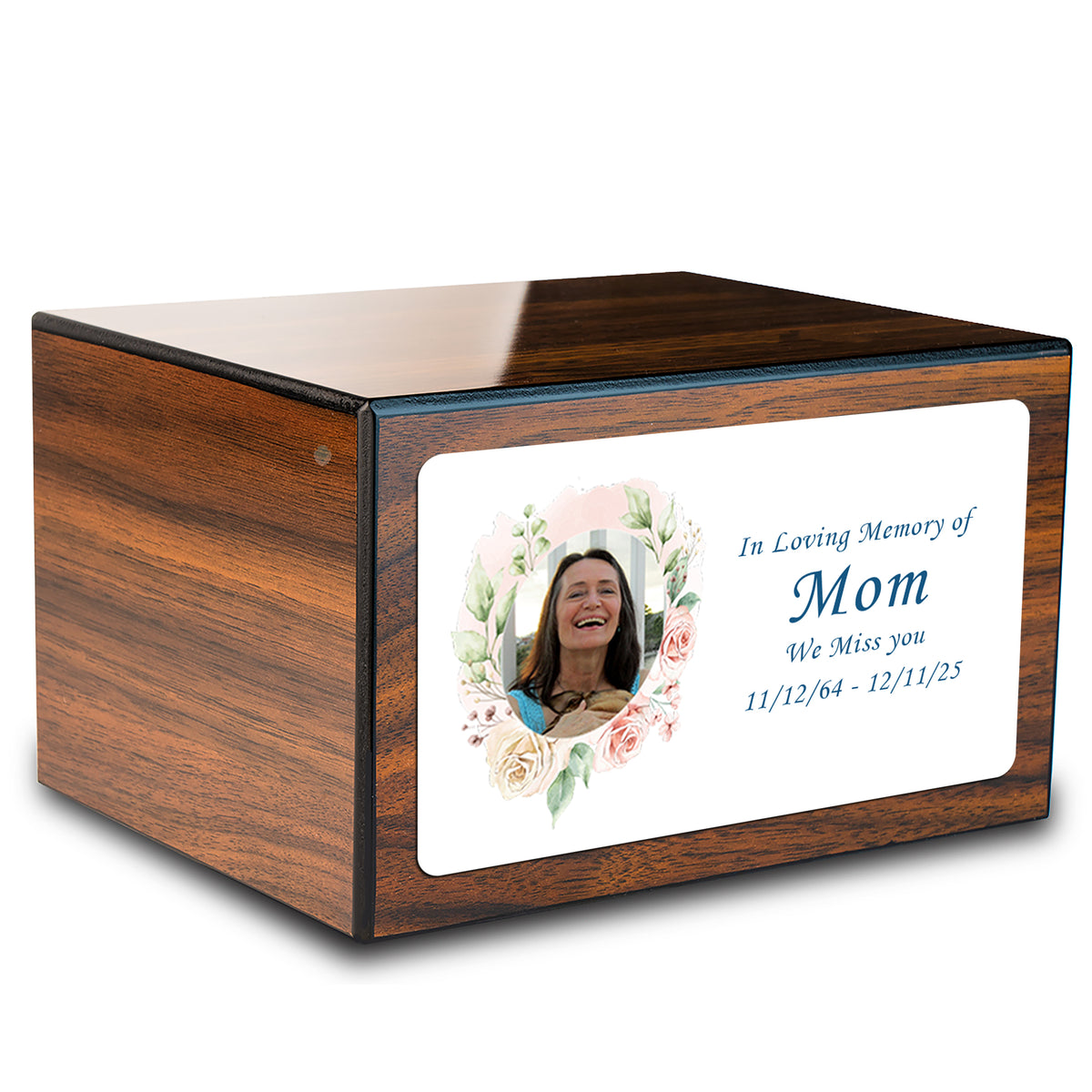 Custom Printed Heritage Walnut Photo Frame Wood Box Cremation Urn