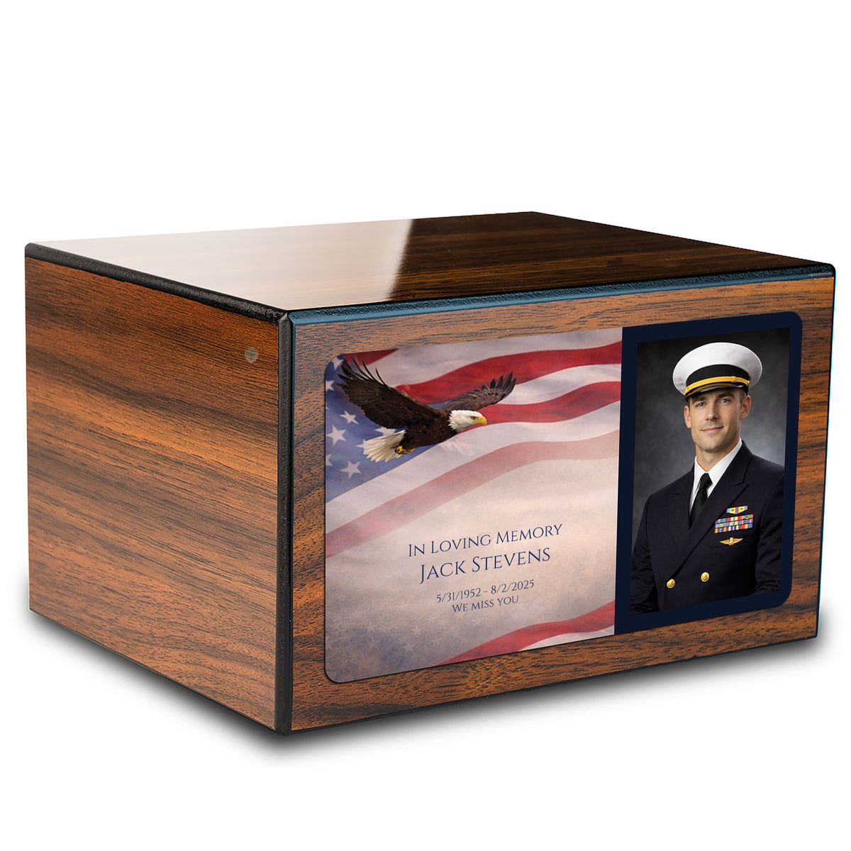 Custom Printed Heritage Photo Walnut American Glory Wood Box Cremation Urn