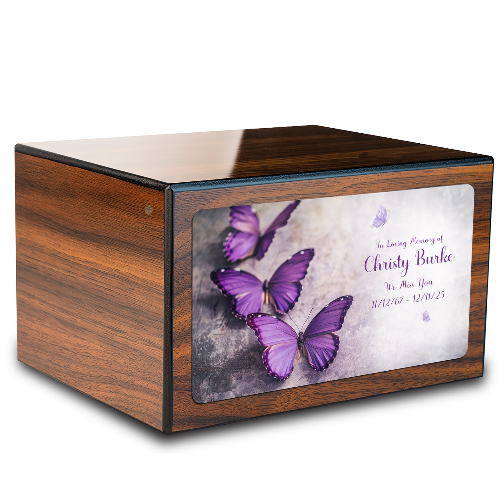 Custom Printed Heritage Walnut Butterflies Wood Box Cremation Urn