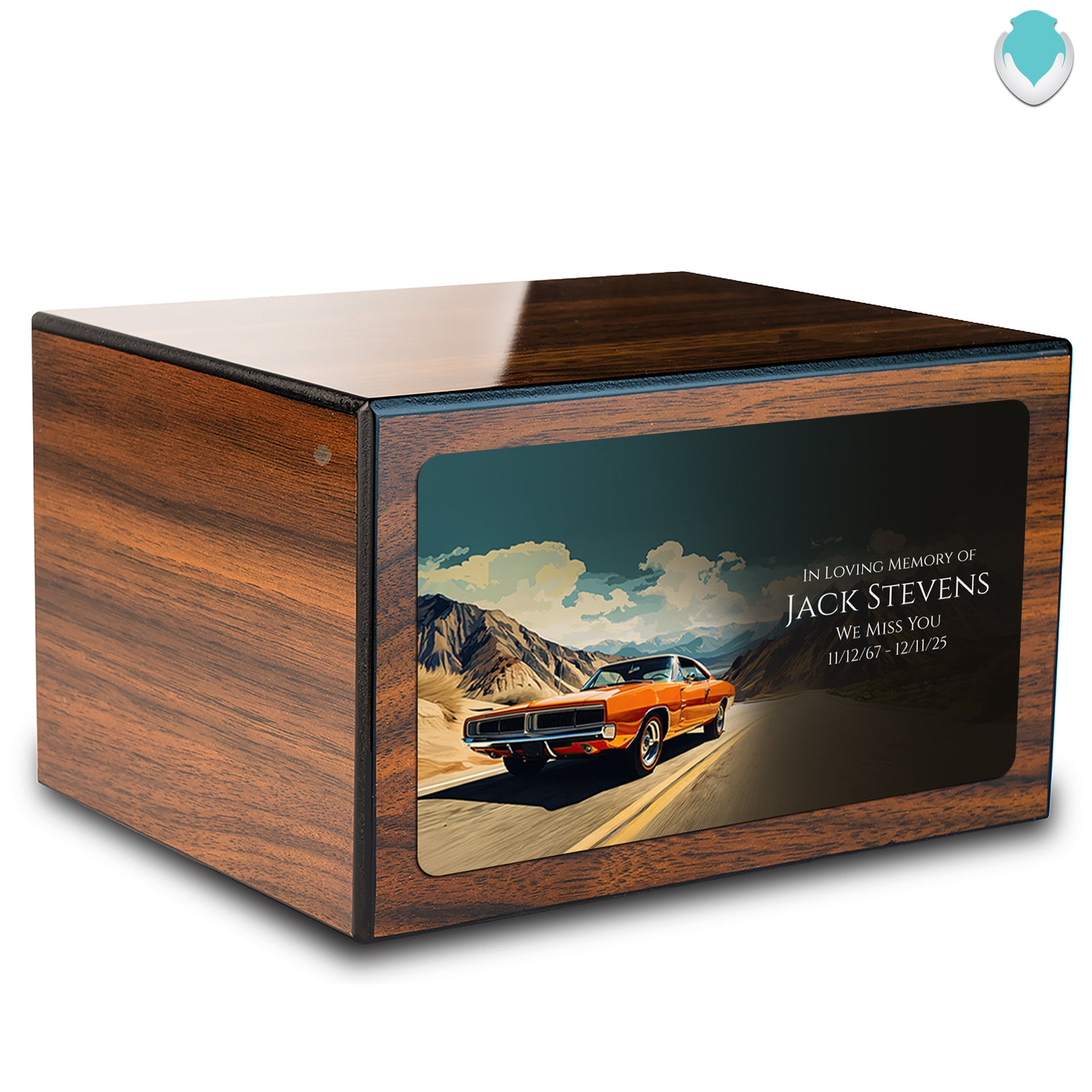Custom Printed Heritage Walnut Classic Car Wood Box Cremation Urn