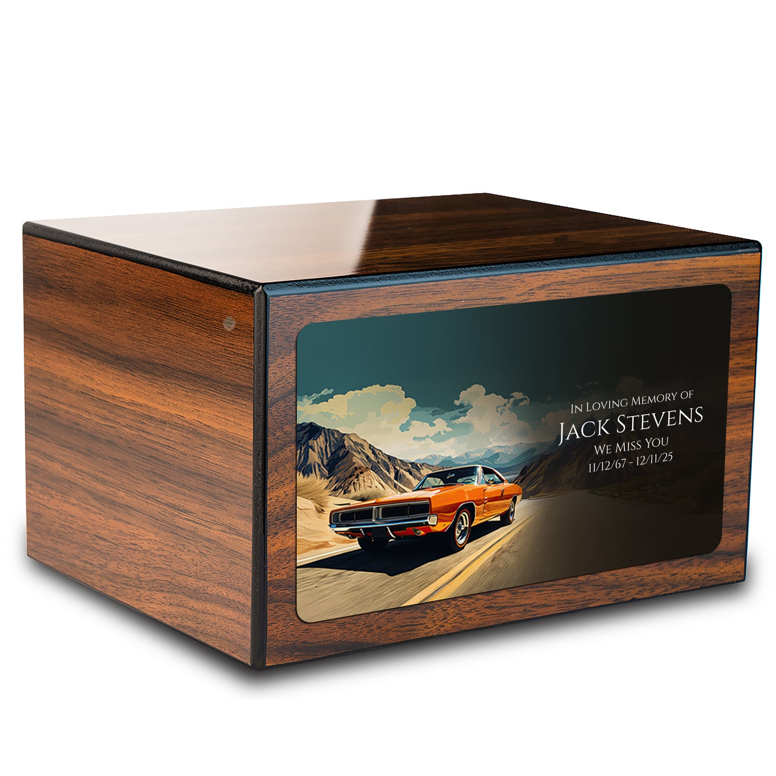 Custom Printed Heritage Walnut Classic Car Wood Box Cremation Urn