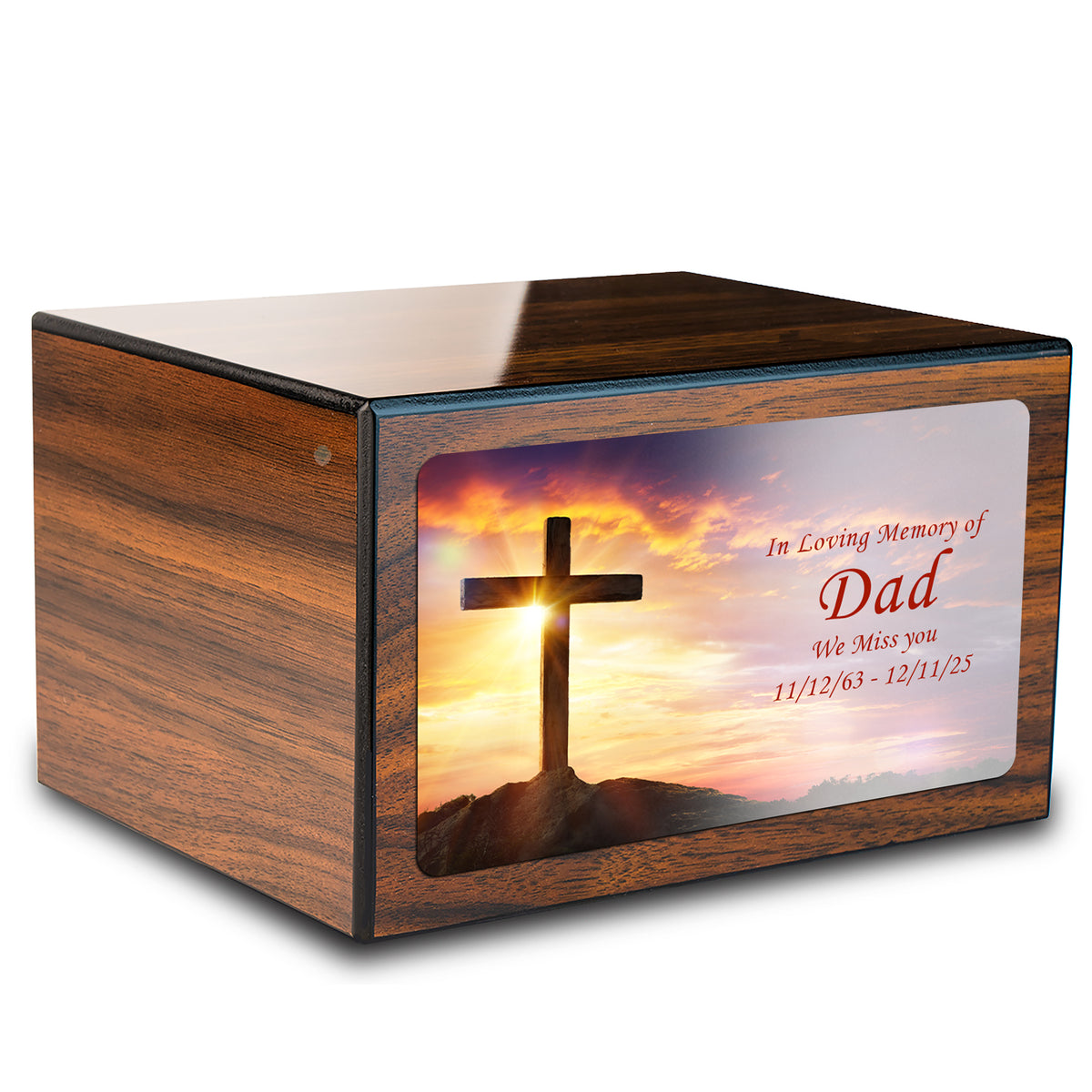 Custom Printed Heritage Walnut Cross Wood Box Cremation Urn