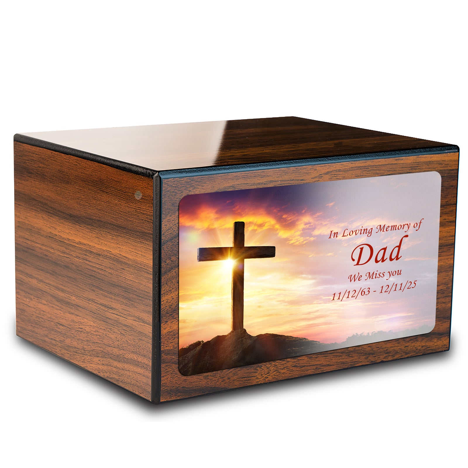 Custom Printed Heritage Walnut Cross Wood Box Cremation Urn