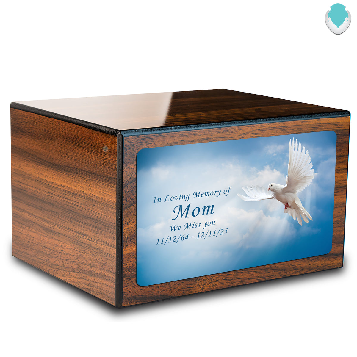 Custom Printed Heritage Walnut Dove Wood Box Cremation Urn