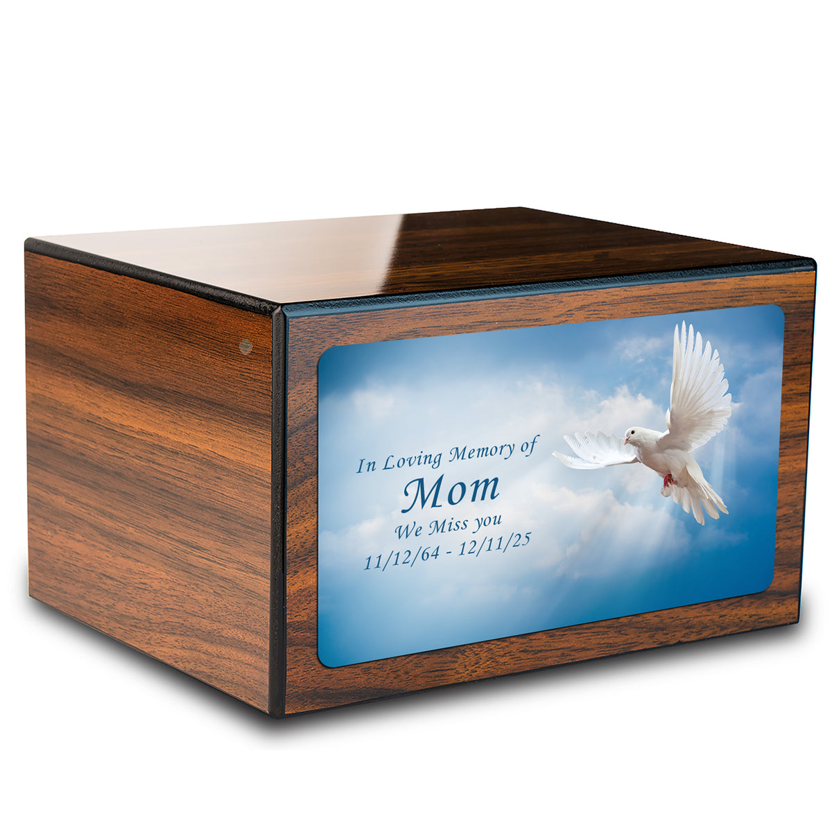 Custom Printed Heritage Walnut Dove Wood Box Cremation Urn