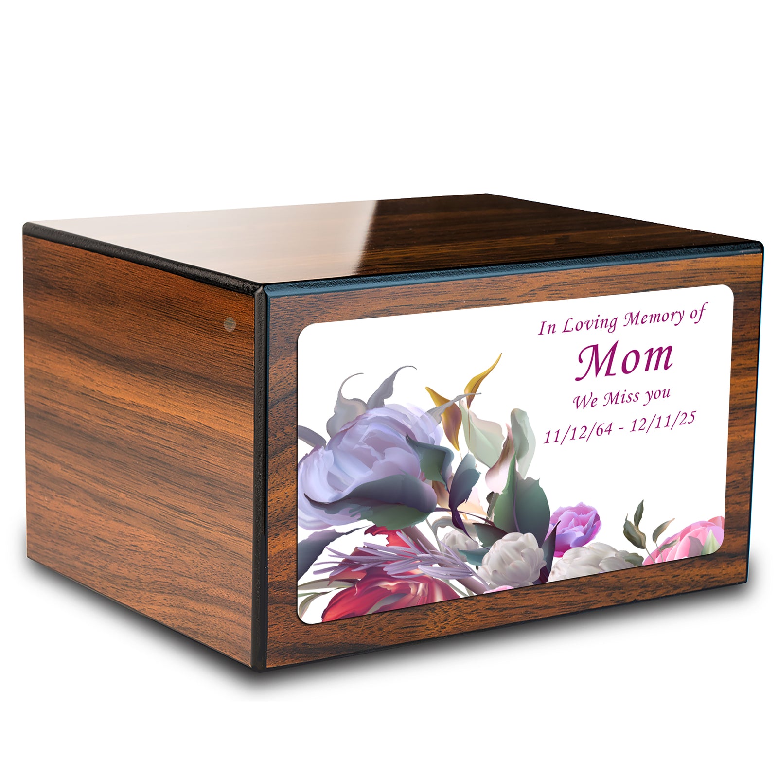 Custom Printed Heritage Walnut Flowers Wood Box Cremation Urn