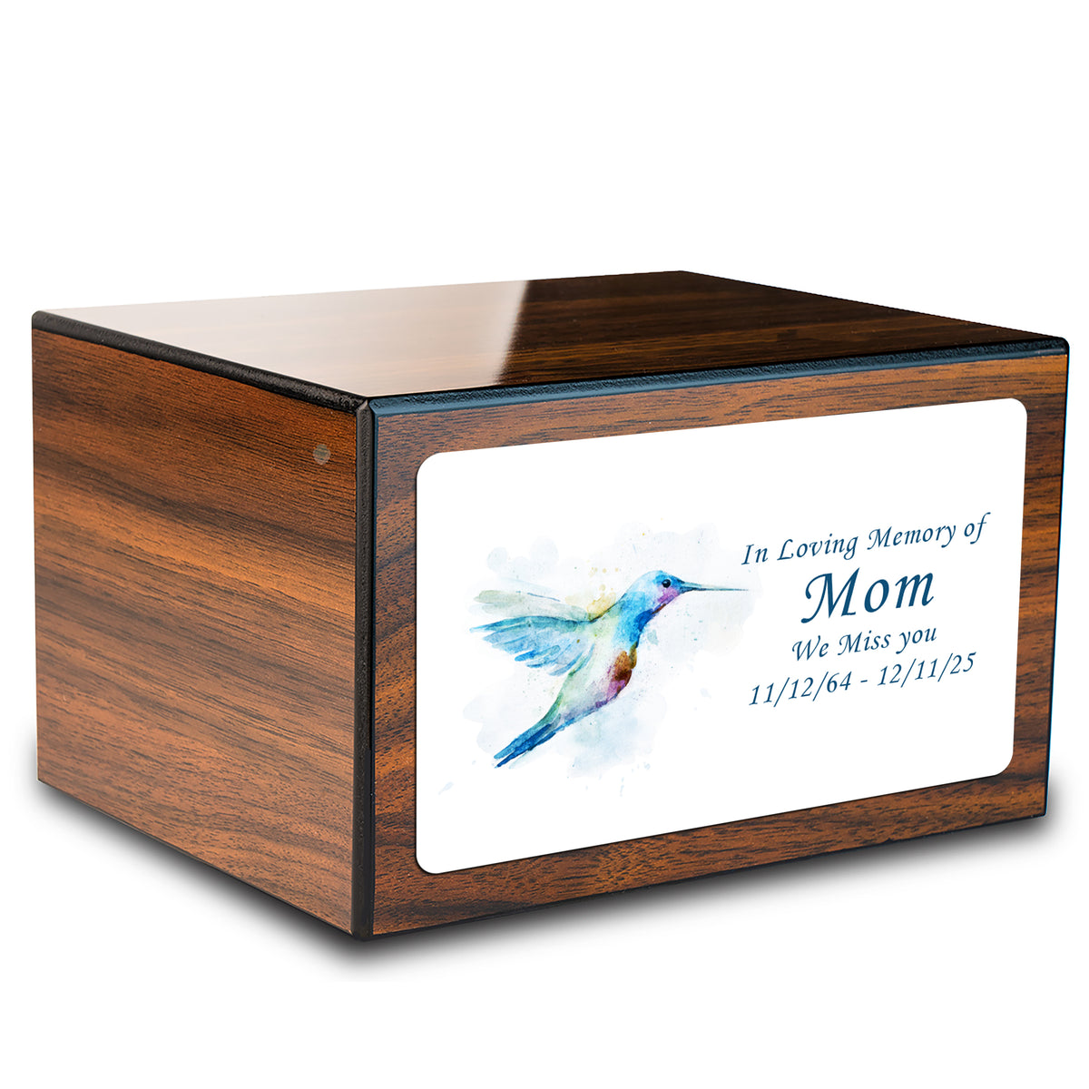 Custom Printed Heritage Walnut Hummingbird Wood Box Cremation Urn