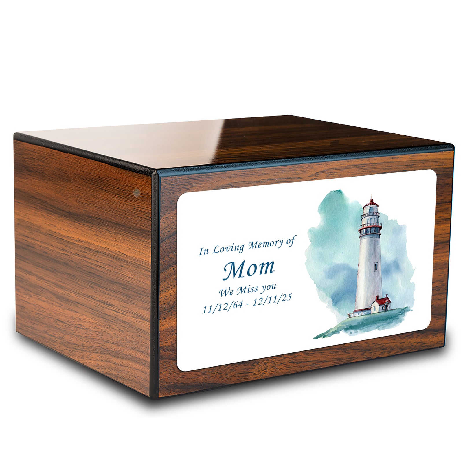 Custom Printed Heritage Walnut Lighthouse Wood Box Cremation Urn