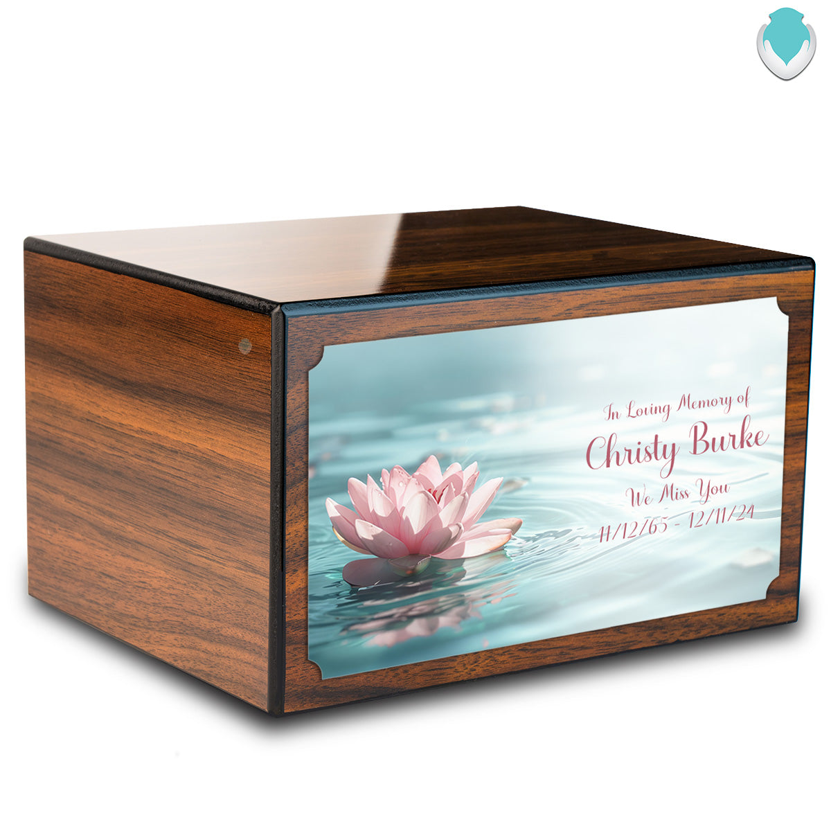 Custom Printed Heritage Walnut Lotus Flower Wood Box Cremation Urn