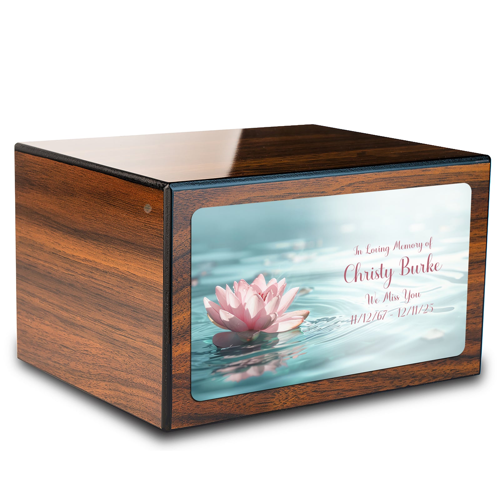 Custom Printed Heritage Walnut Lotus Flower Wood Box Cremation Urn