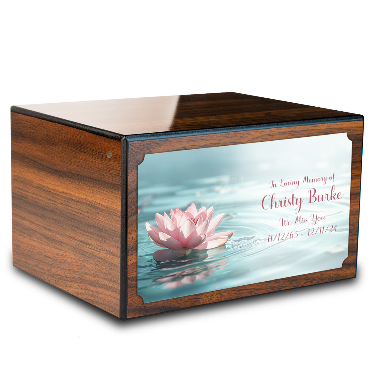 Custom Printed Heritage Walnut Lotus Flower Wood Box Cremation Urn