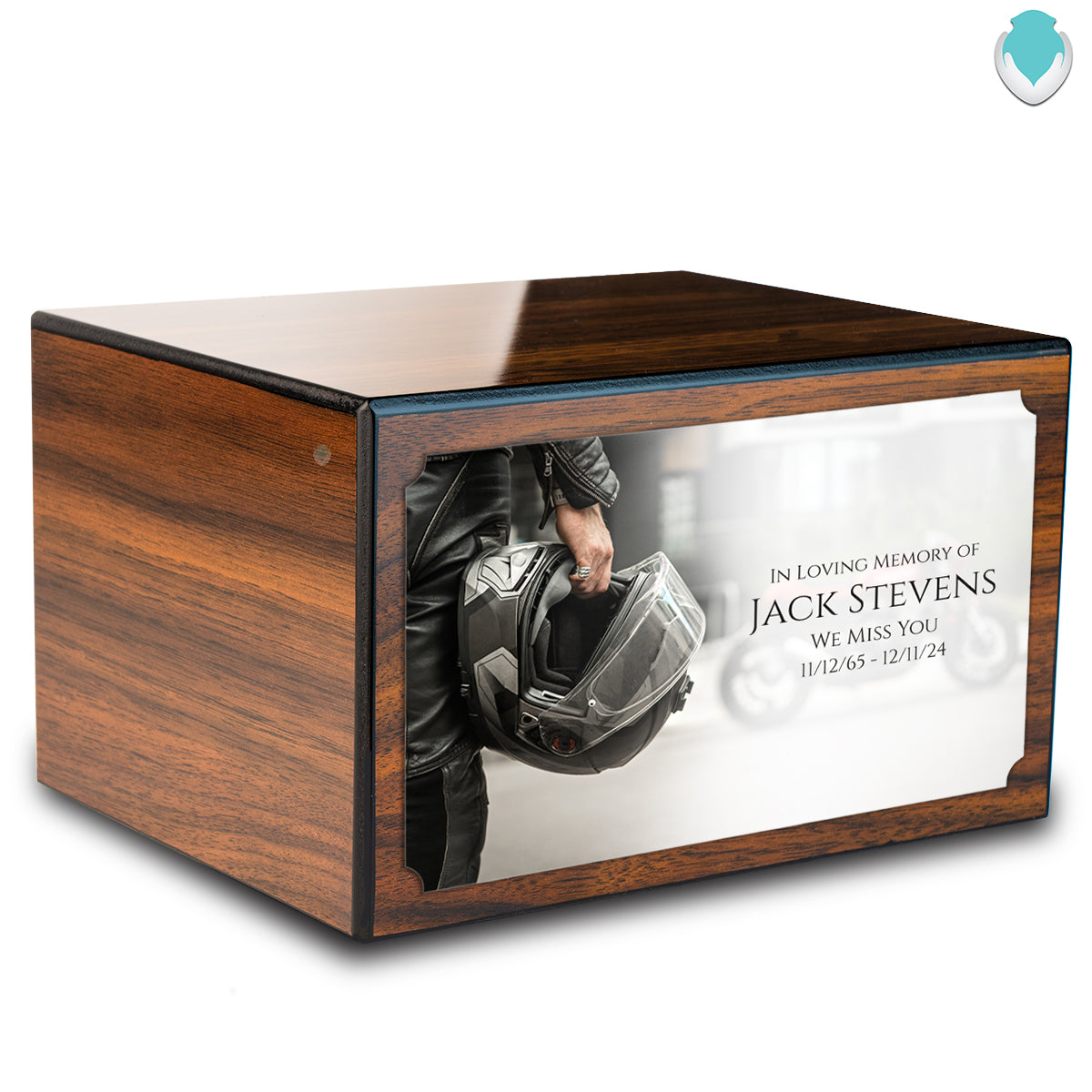 Custom Printed Heritage Walnut Motorcycle Helmet Wood Box Cremation Urn