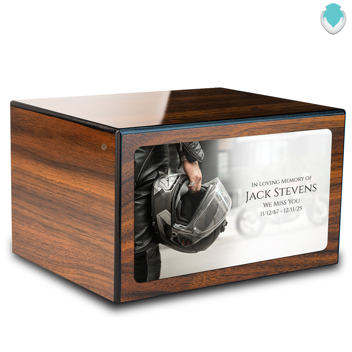 Custom Printed Heritage Walnut Motorcycle Helmet Wood Box Cremation Urn