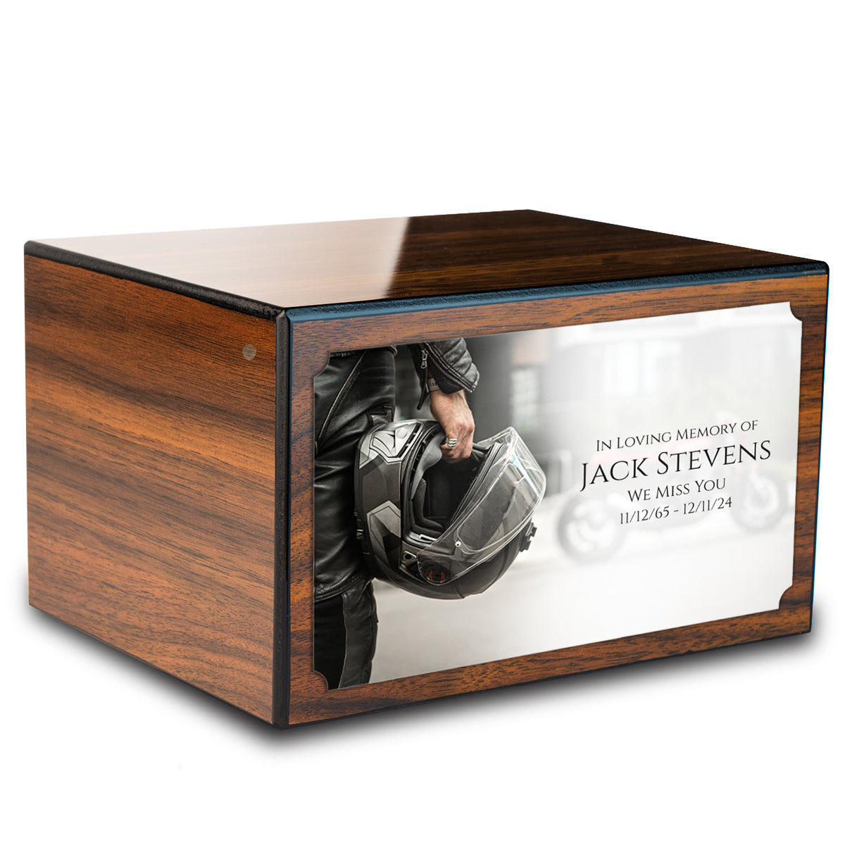 Custom Printed Heritage Walnut Motorcycle Helmet Wood Box Cremation Urn