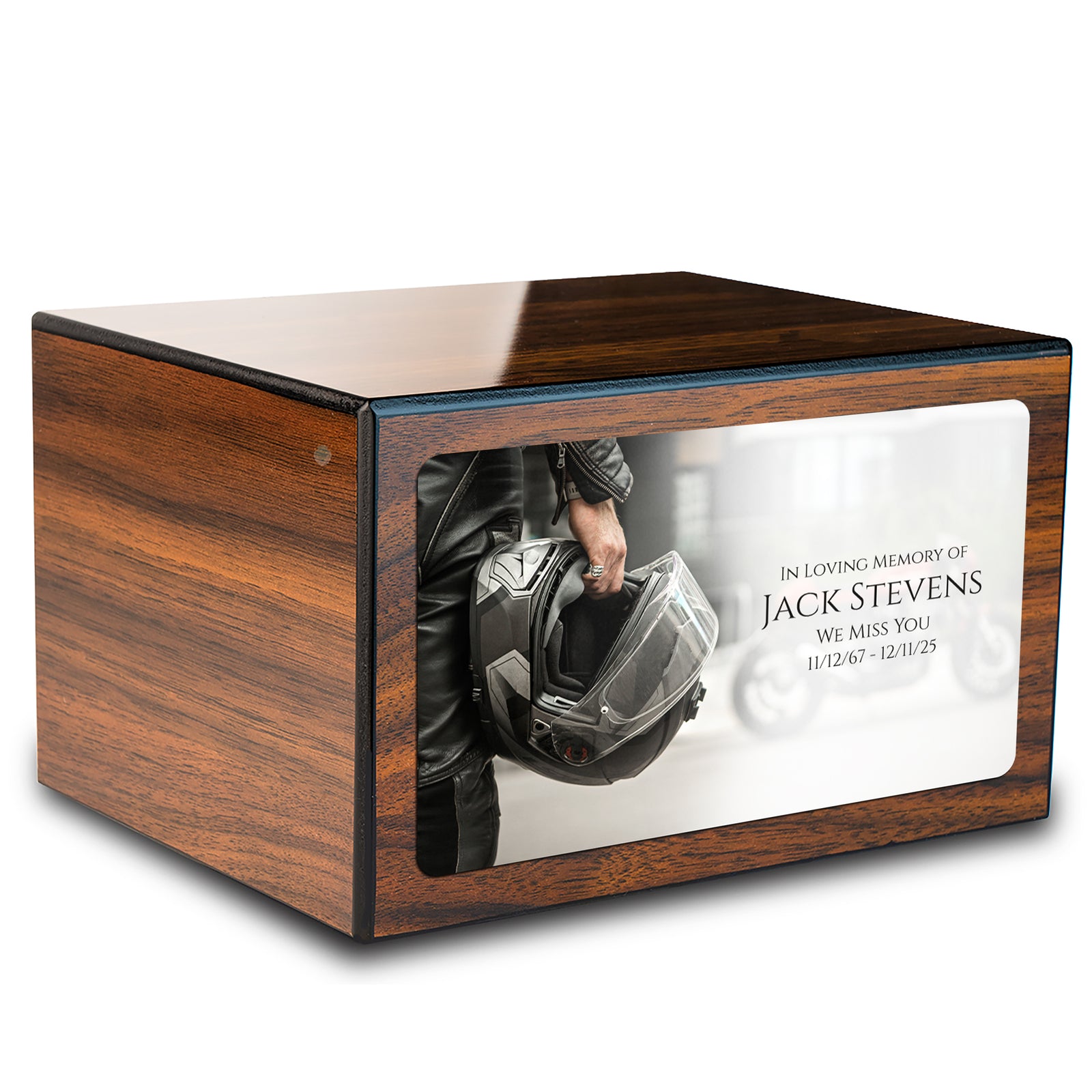 Custom Printed Heritage Walnut Motorcycle Helmet Wood Box Cremation Urn