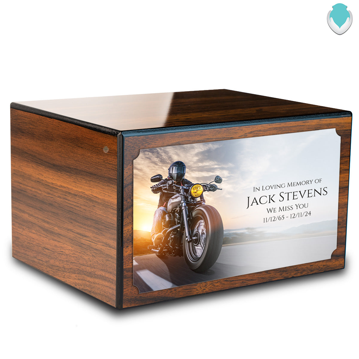 Custom Printed Heritage Walnut Motorcycle Wood Box Cremation Urn