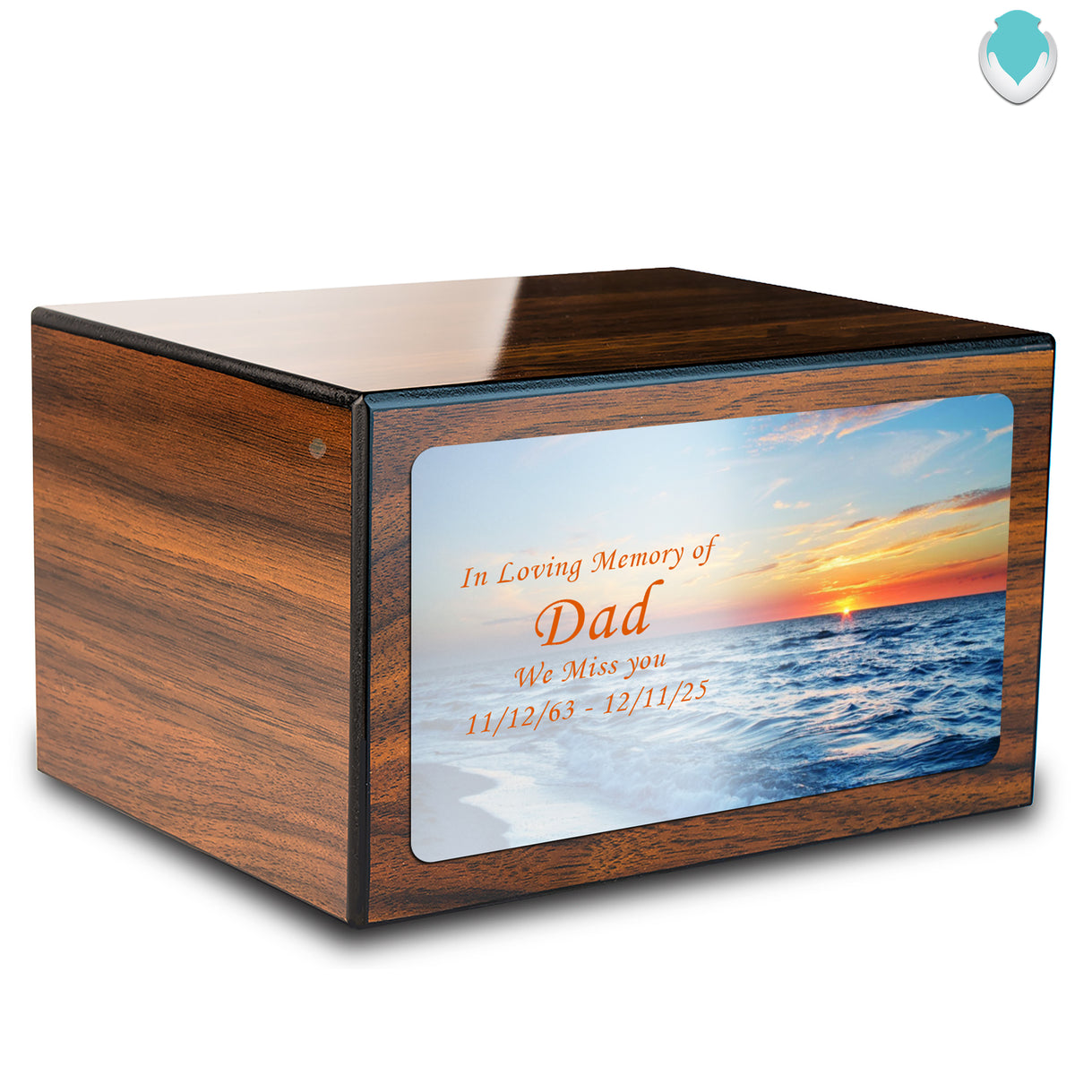 Custom Printed Heritage Walnut Ocean Sunset Wood Box Cremation Urn