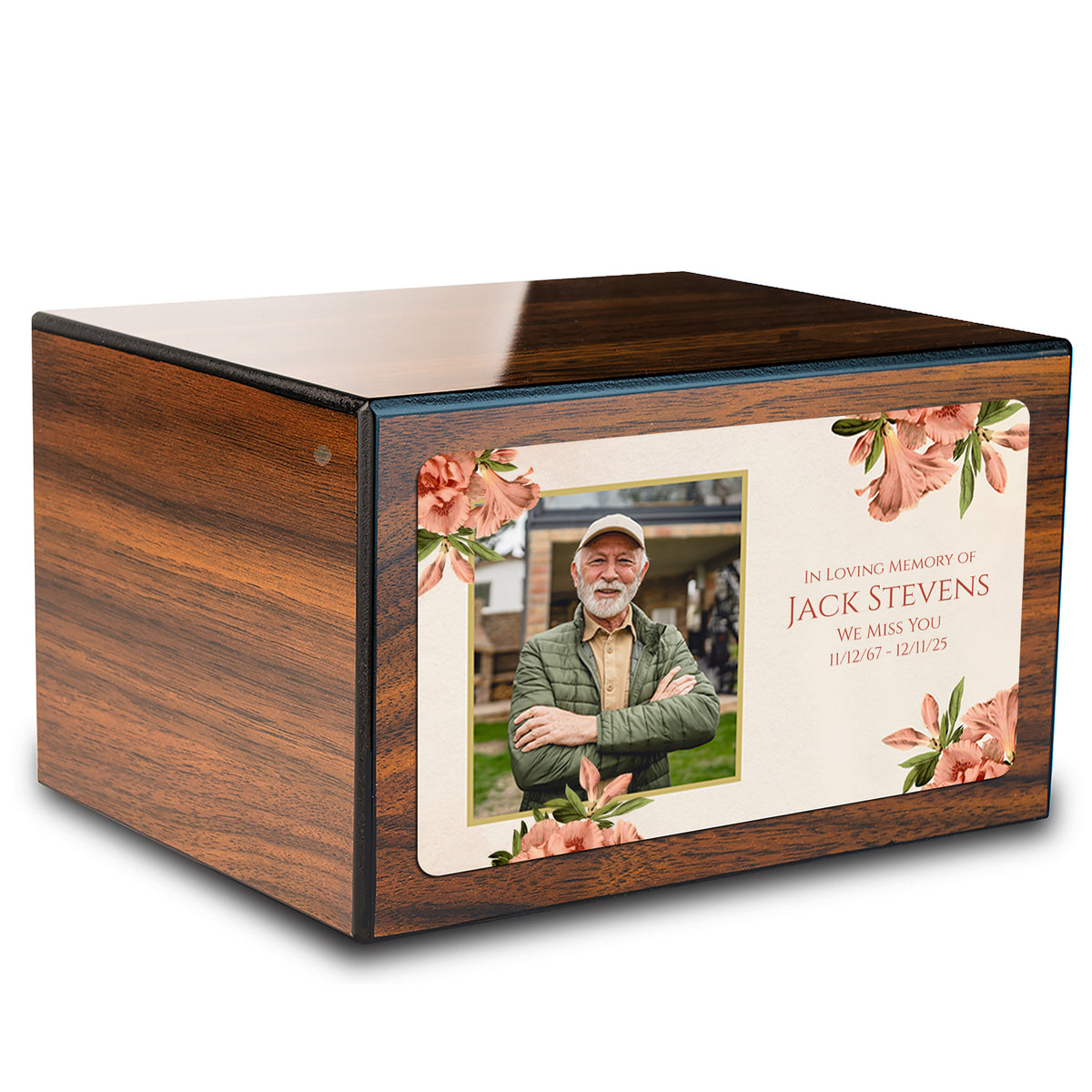 Custom Printed Heritage Walnut Azalea Flower Wood Box Cremation Urn