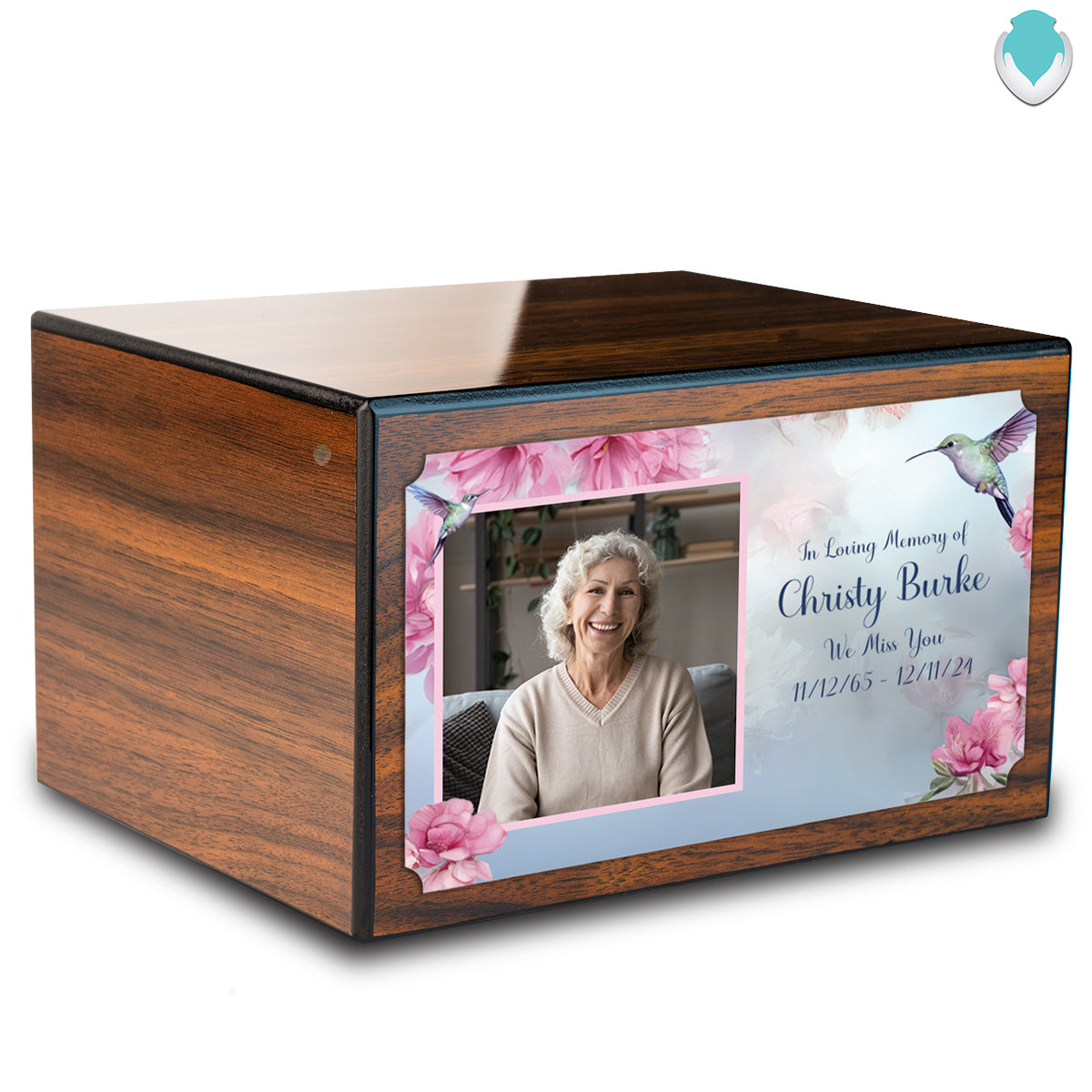 Custom Printed Heritage Walnut Photo Hummingbird Wood Box Cremation Urn