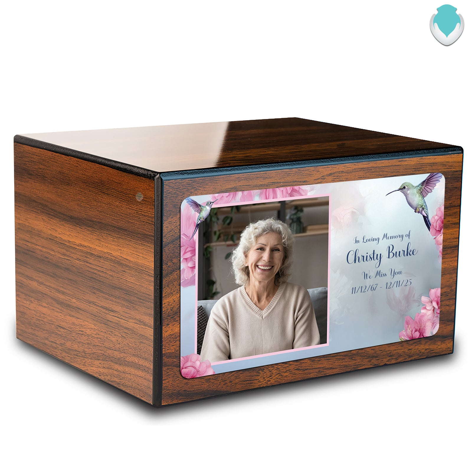 Custom Printed Heritage Walnut Photo Hummingbird Wood Box Cremation Urn
