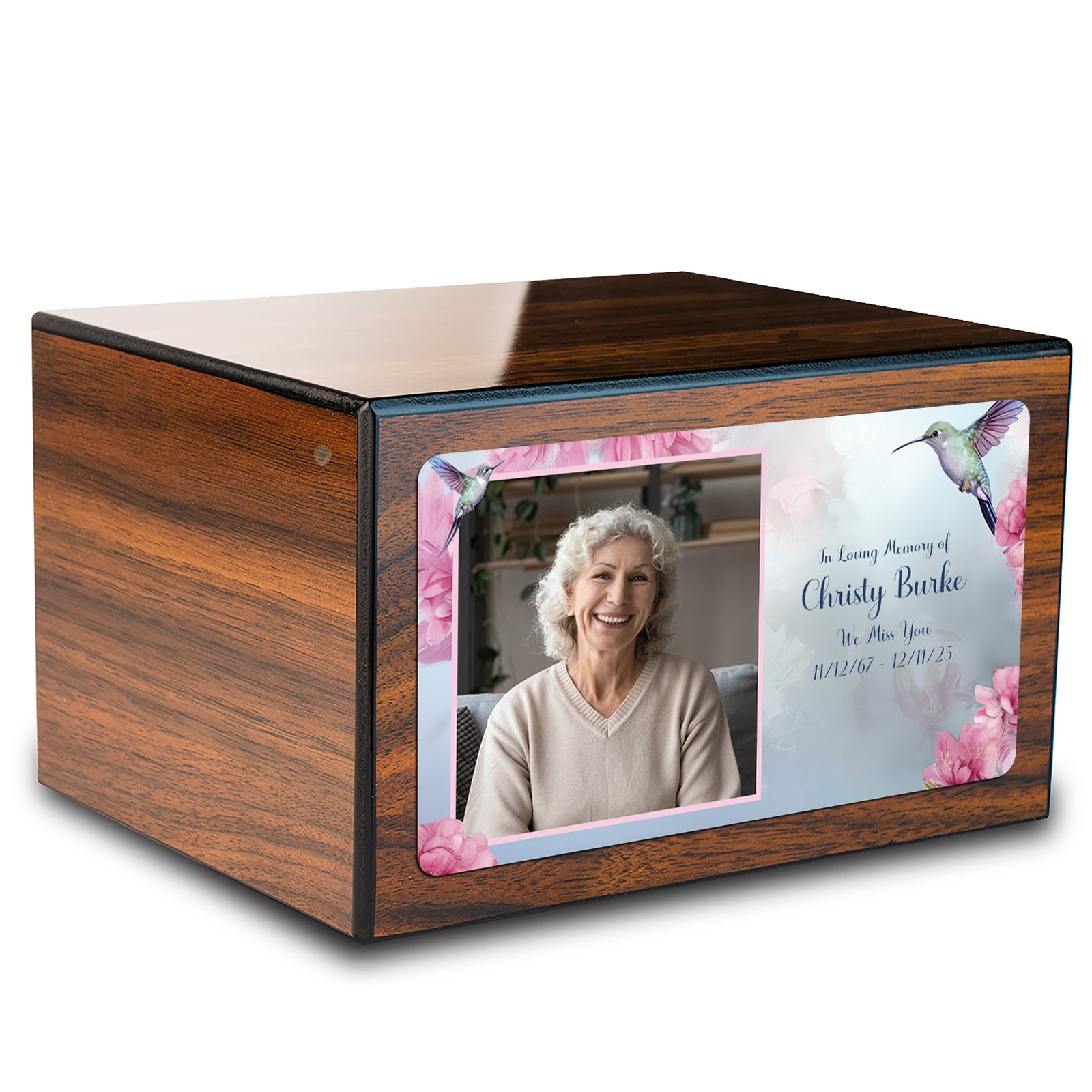 Custom Printed Heritage Walnut Photo Hummingbird Wood Box Cremation Urn