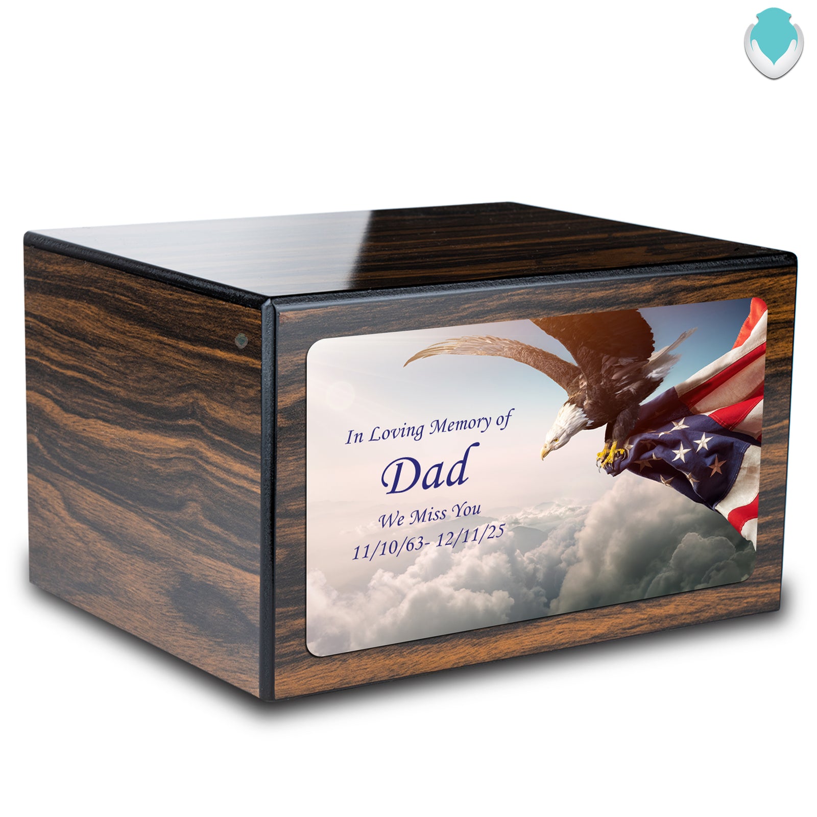 Custom Printed Heritage Espresso American Eagle Wood Box Cremation Urn
