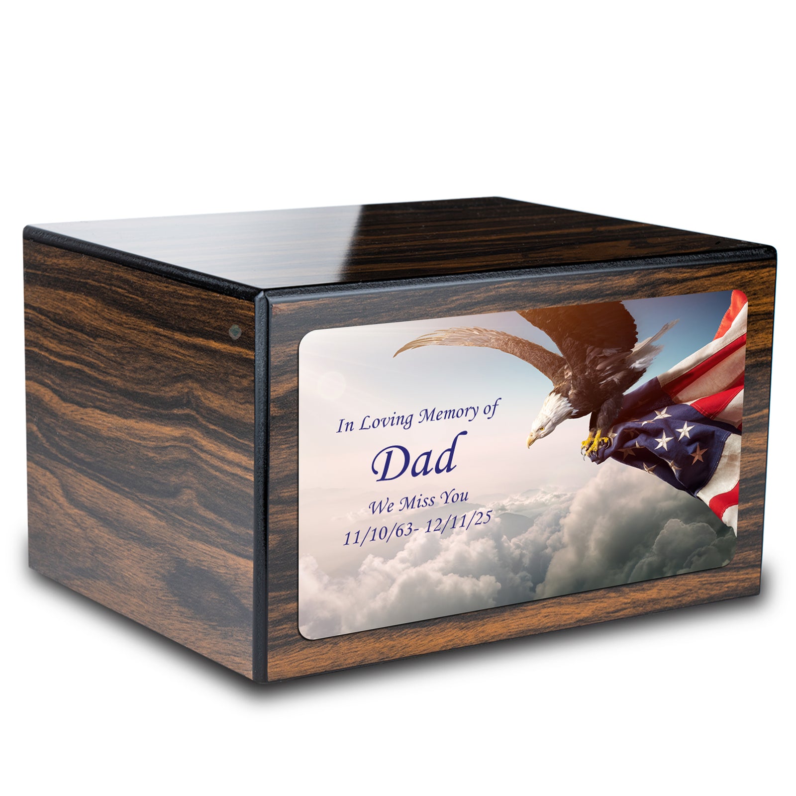 Custom Printed Heritage Espresso American Eagle Wood Box Cremation Urn