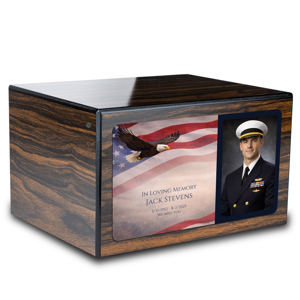 Custom Printed Heritage Espresso Photo American Glory Wood Box Cremation Urn