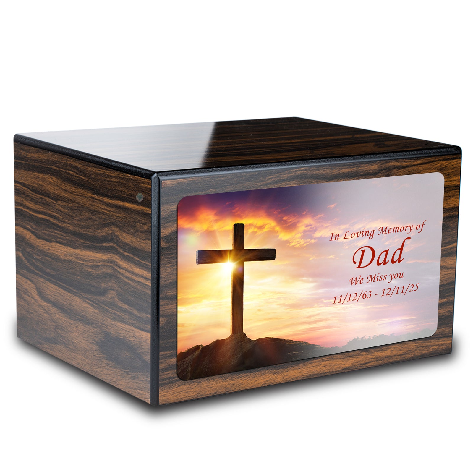 Custom Printed Heritage Espresso Cross Wood Box Cremation Urn