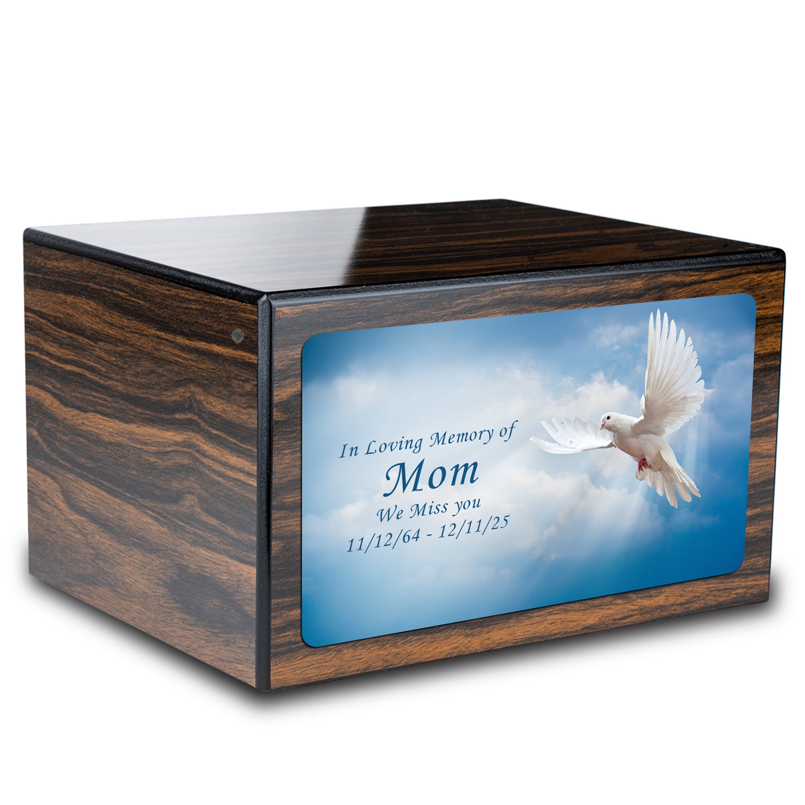 Custom Printed Heritage Espresso Dove Wood Box Cremation Urn