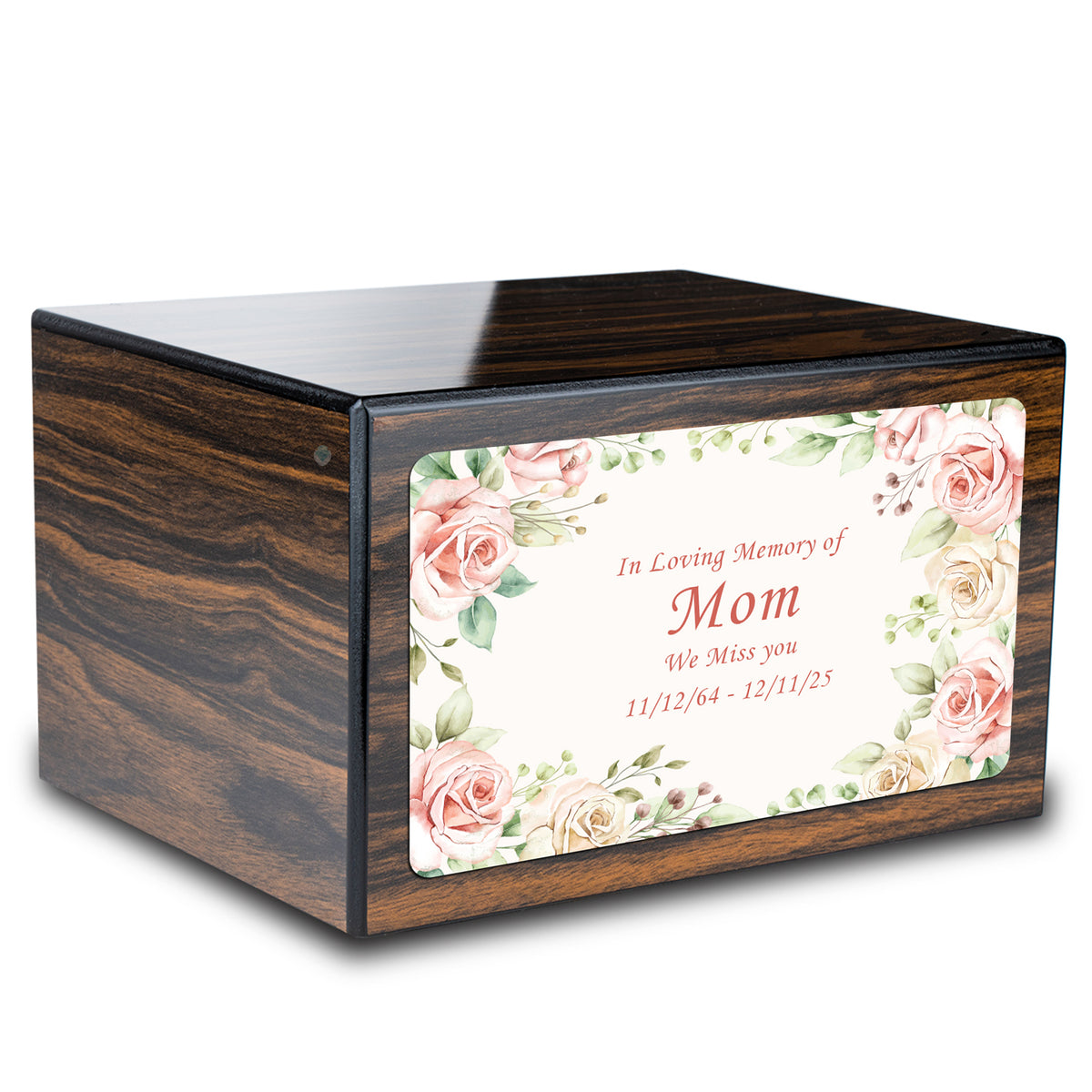 Custom Printed Heritage Espresso Flower Frame Wood Box Cremation Urn