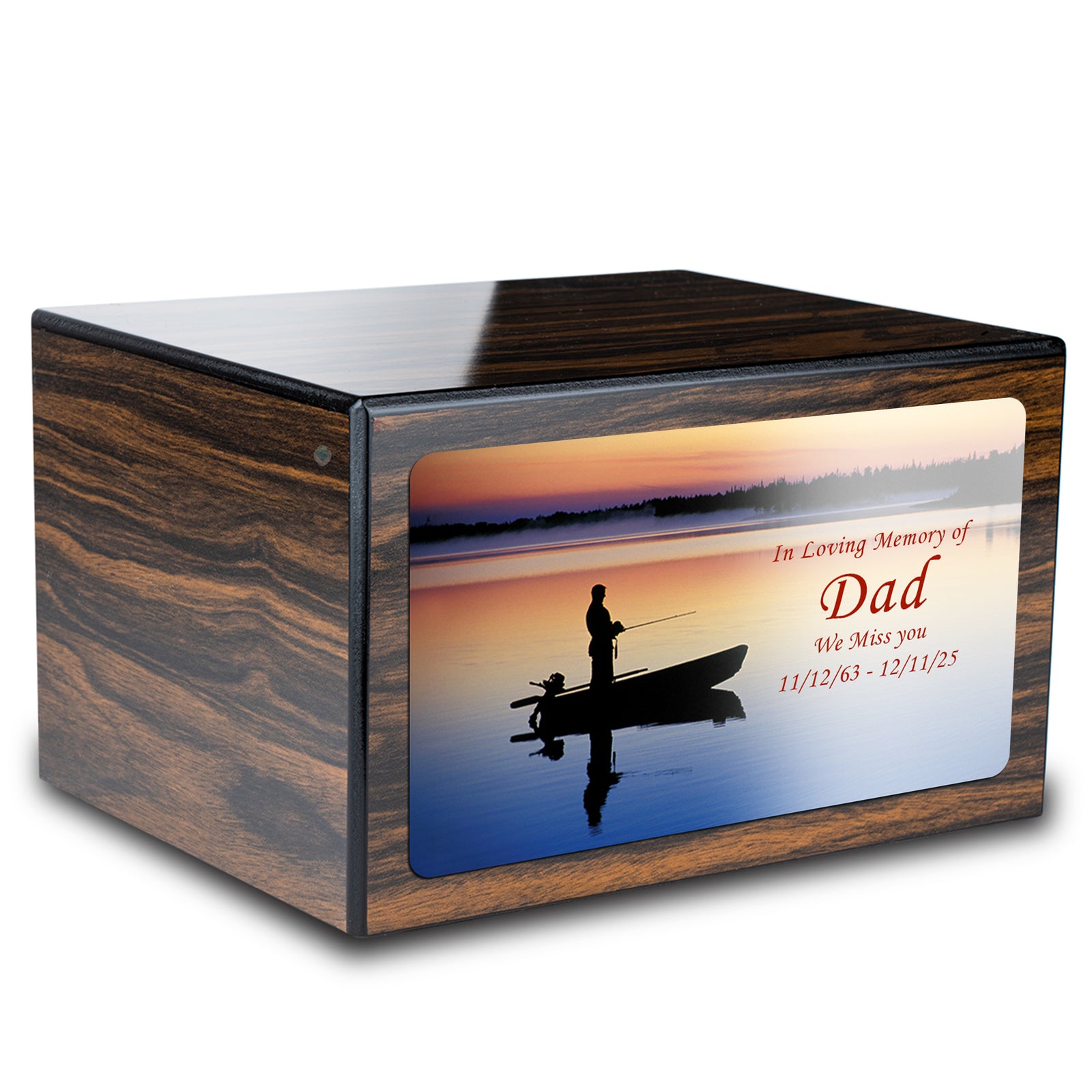 Custom Printed Heritage Espresso Fishing Wood Box Cremation Urn