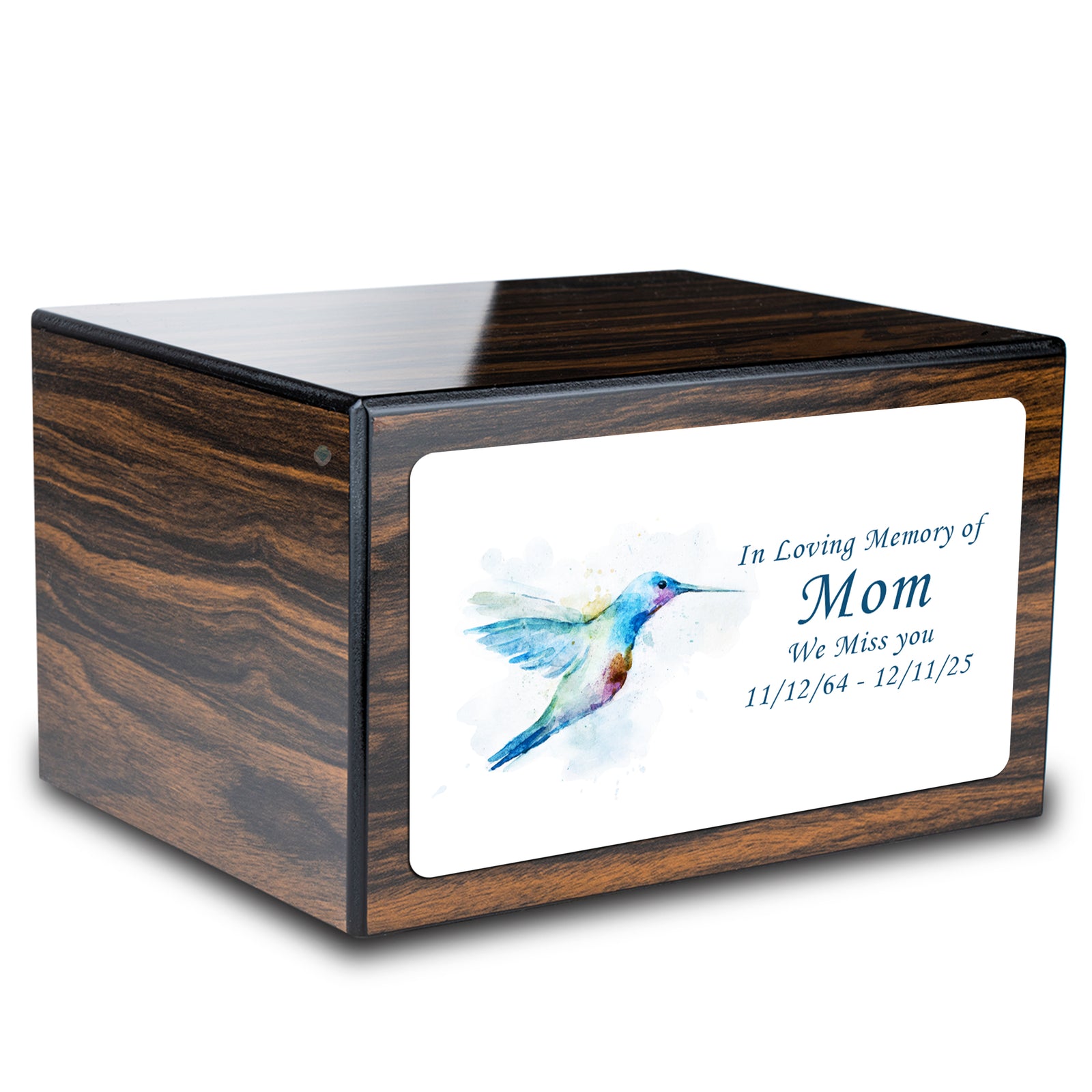 Custom Printed Heritage Espresso Hummingbird Wood Box Cremation Urn