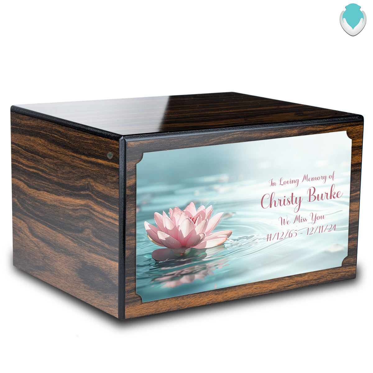 Custom Printed Heritage Espresso Lotus Flower Wood Box Cremation Urn