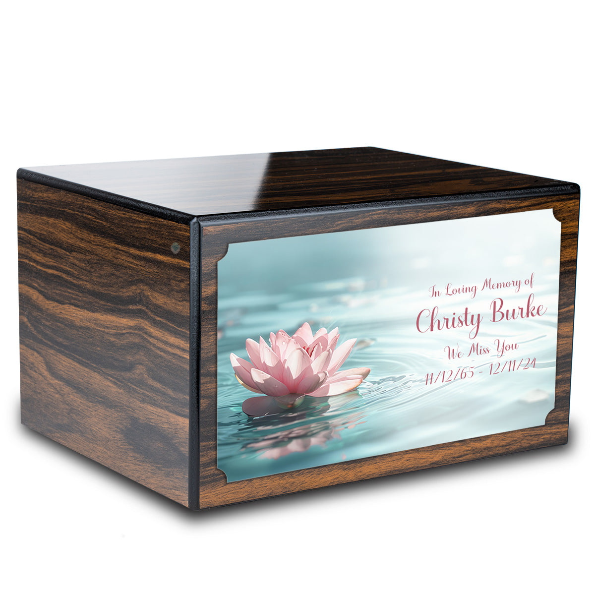 Custom Printed Heritage Espresso Lotus Flower Wood Box Cremation Urn