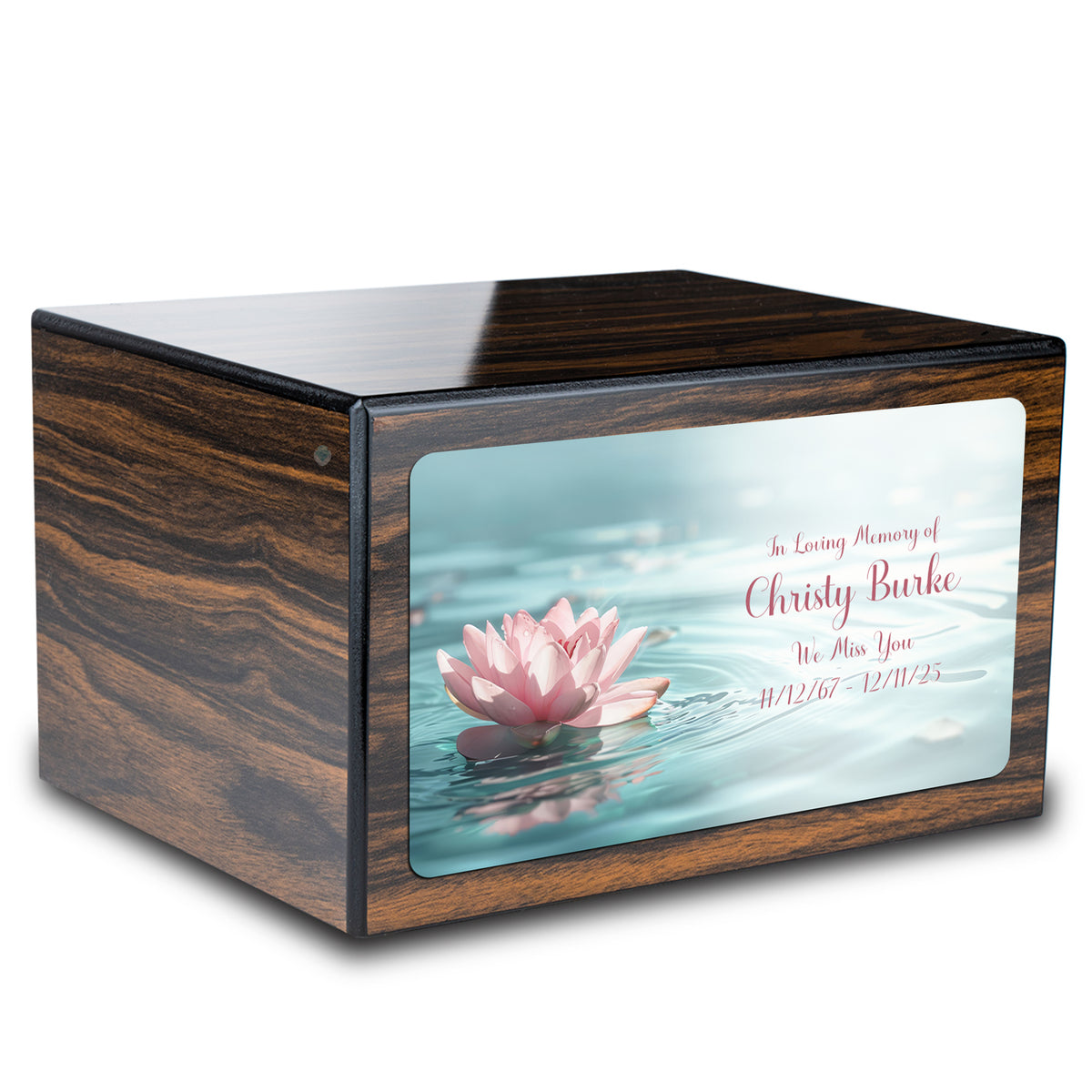 Custom Printed Heritage Espresso Lotus Flower Wood Box Cremation Urn