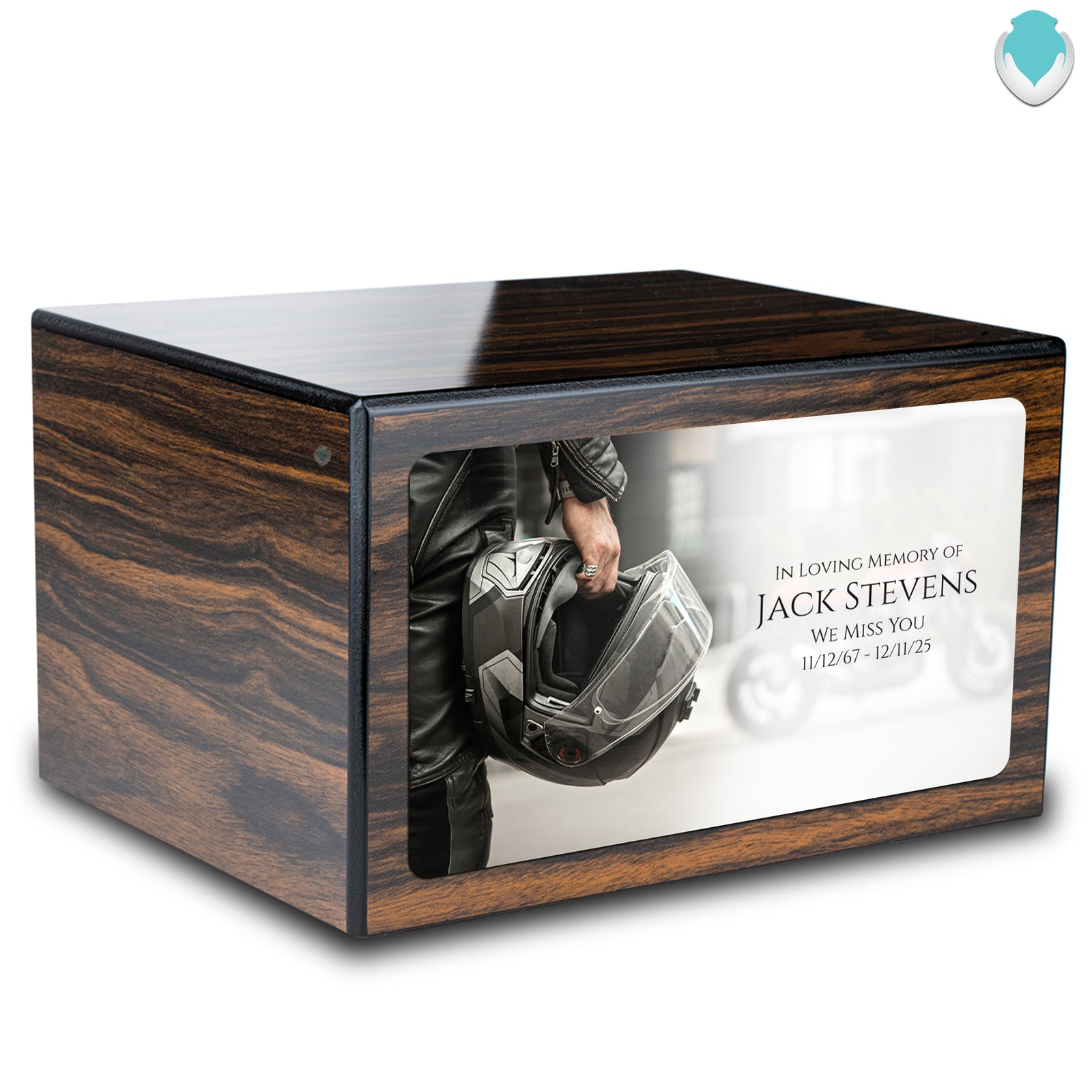 Custom Printed Heritage Espresso Motorcycle Helmet Wood Box Cremation Urn