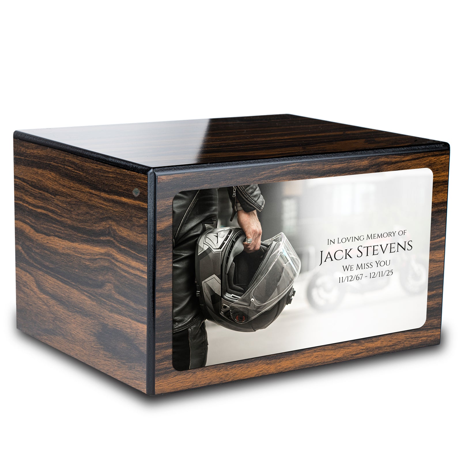 Custom Printed Heritage Espresso Motorcycle Helmet Wood Box Cremation Urn